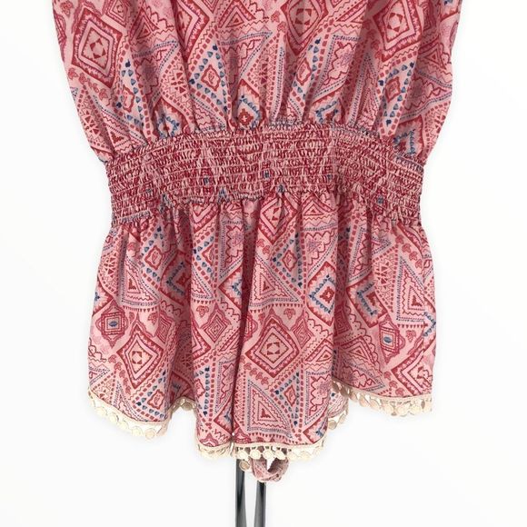 Paloma Blue Silk Pink Geometric Print Crochet Trim Romper Playsuit size Large - Picture 7 of 13